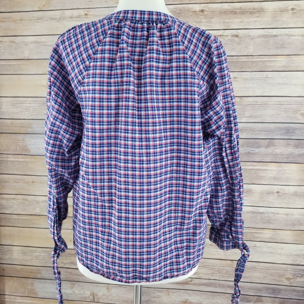 Madewell Plaid Crop V Neck 3/4 Sleeve Blouse - Picture 4 of 7